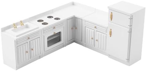 FINGERINSPIRE 5Pcs Miniature House Decoration Accessories 1:12 Scale Kitchen Cabinet Set with Mini Fridge & Stove Wood Mini Furniture White Miniature Kitchen Set for Realistic Scene Building