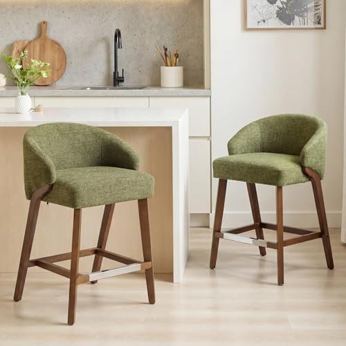 DUOMAY Modern Bar Stools Set of 2, 26″ Counter Height Bar Stool with Footrest, Rubberwood Barstools with Chenille Upholstered Seat Counter Stools for Kitchen Island Home Bar Dining Room, Green