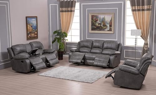 Betsy Furniture 3PC Faux Leather Reclining Couch Set, Living Room Furniture Set, Sofa, Loveseat, Glider, 8018 Multiple Colors (Gray, Sofa+Loveseat+Chair)