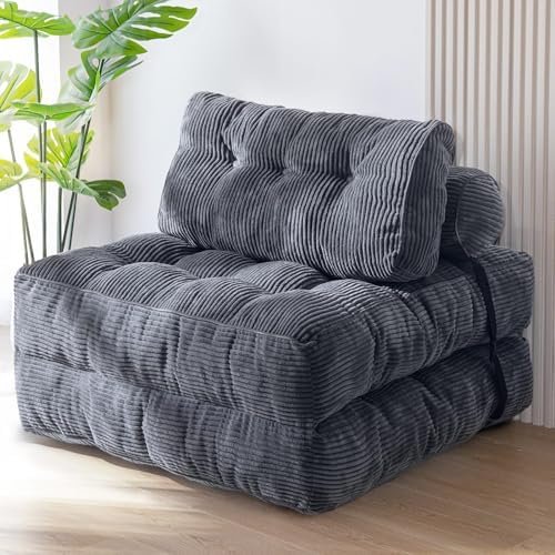 MAXYOYO Folding Sofa Bed, Convertible Sleeper Chair with Pillow Foldable Mattress with Back Support, Portable Fold Out Chair Bed Comfy Floor Sofa Lounge for Living Room Bedroom, Dark Grey, Single